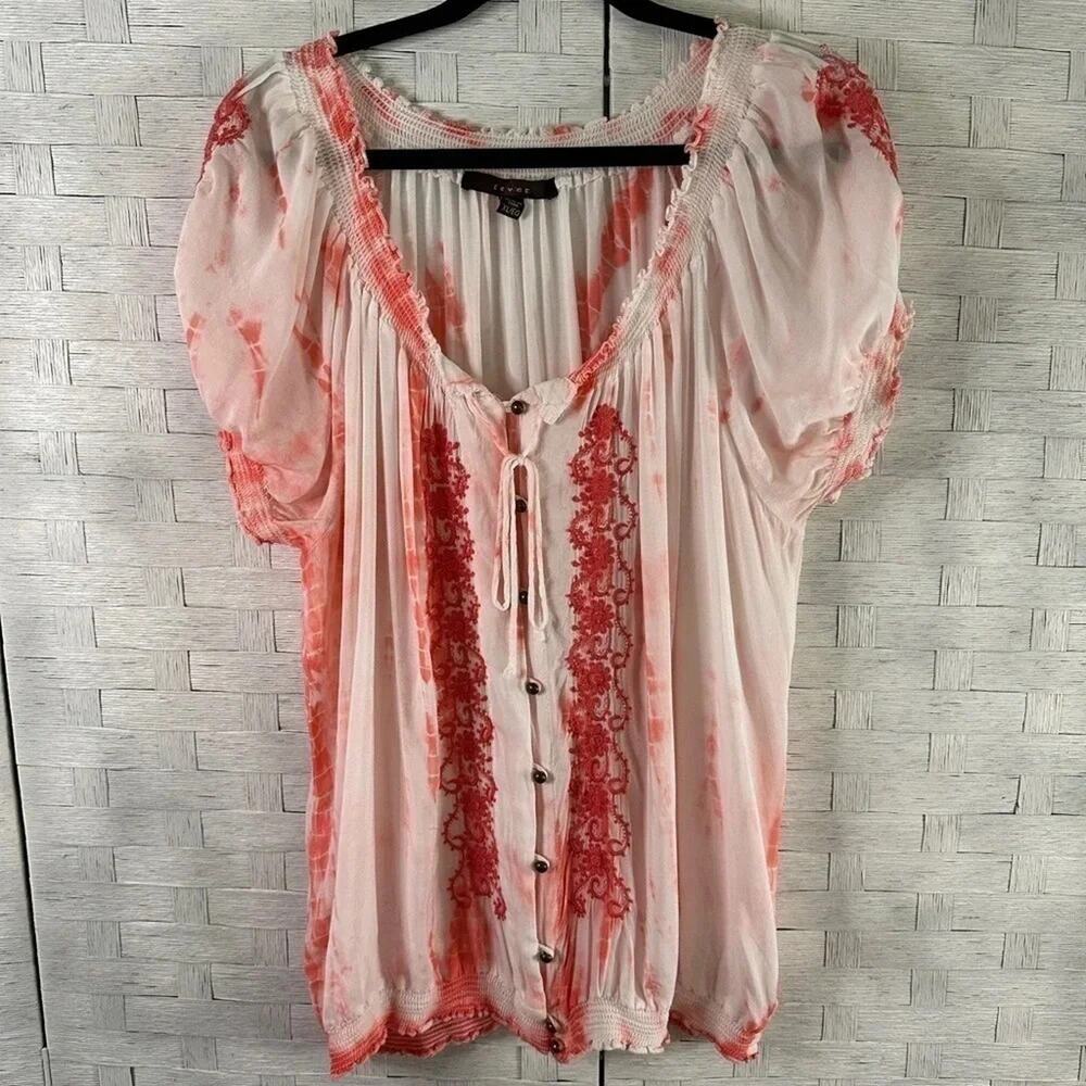 Fever, Pink coral peasant blouse top embroidered in great condition, sizeXL